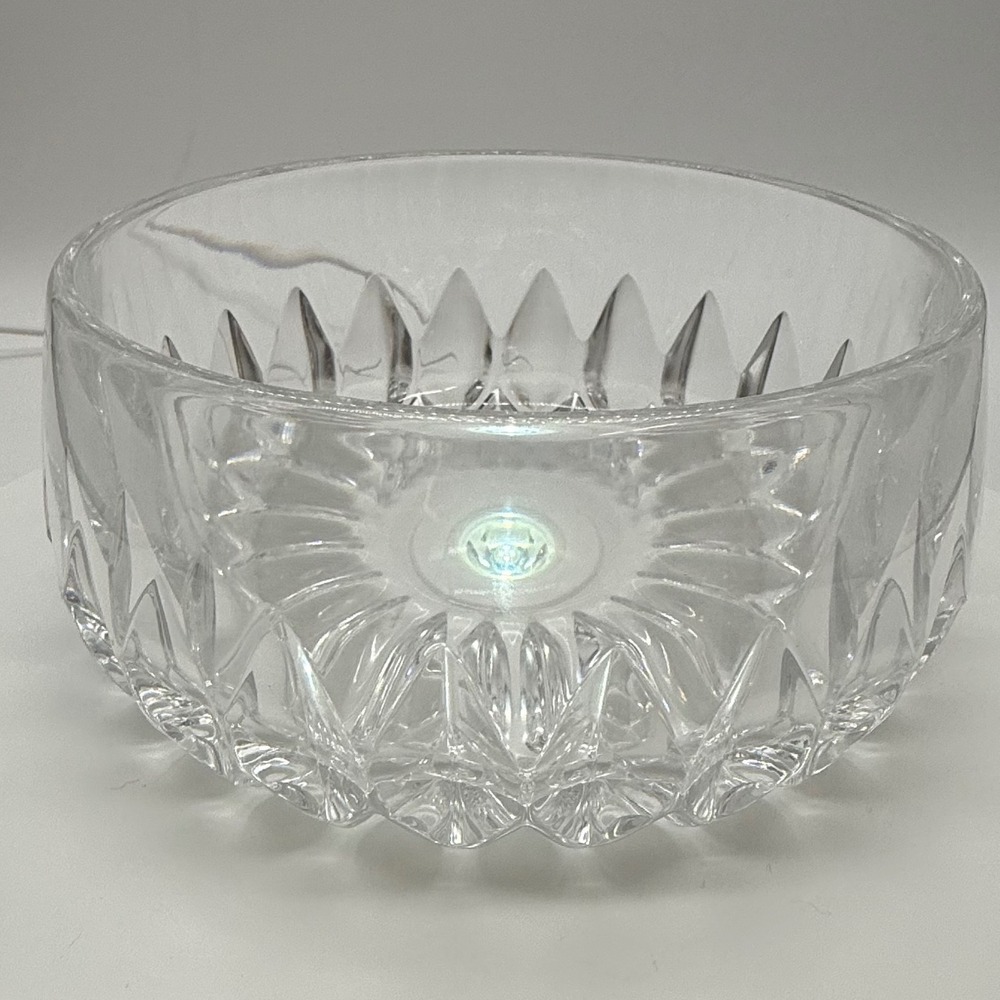 Vintage Diamond Cut Crystal Glass Round Serving Bowl Clear Sunburst Pattern